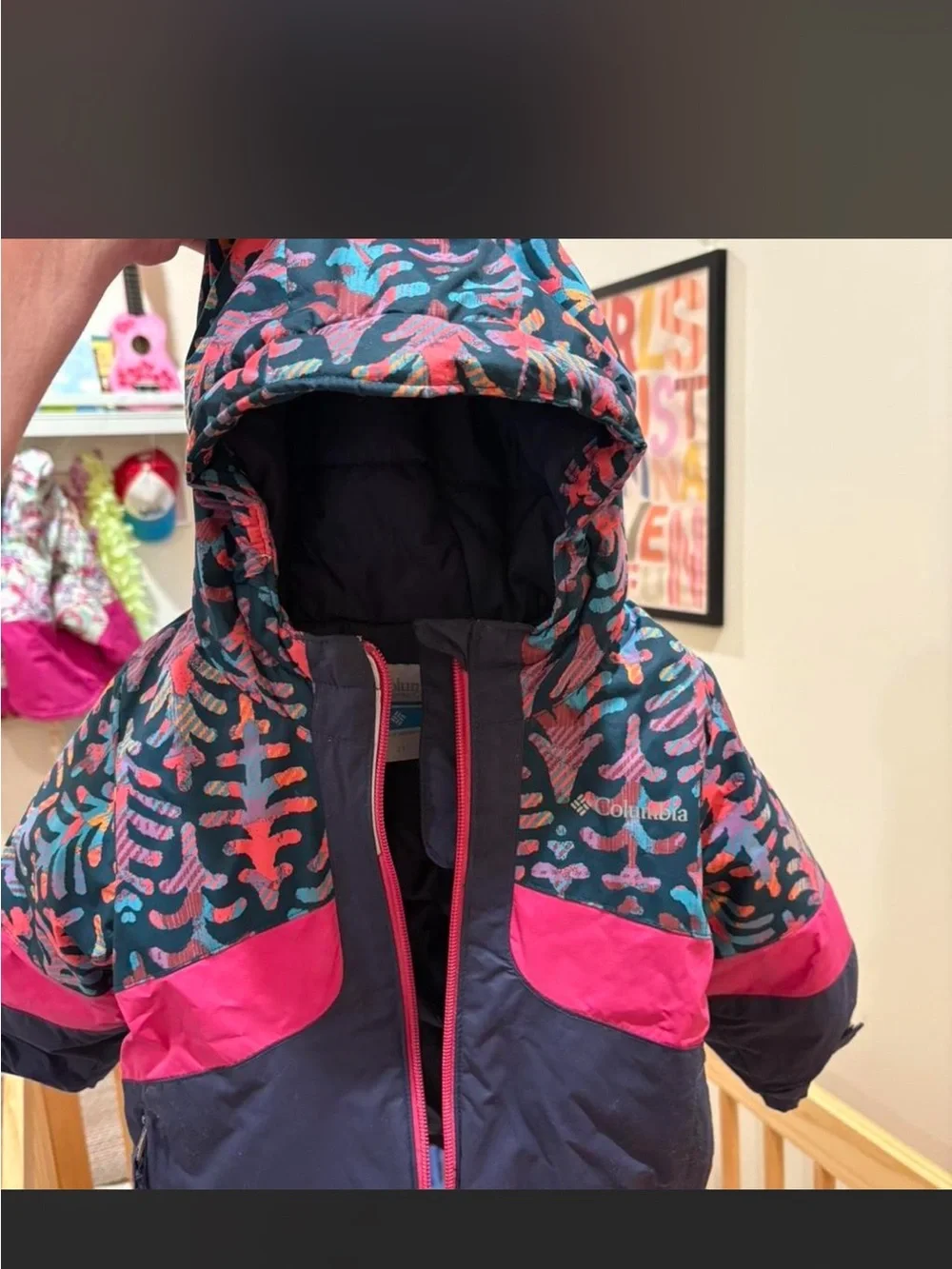 Columbia Girls Navy & Pink Patterned Hooded Puffer Jacket